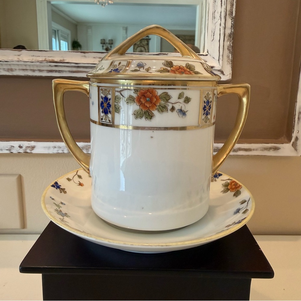 Antique Hand Painted RC Nippon Condensed Milk Container w/Lid & Underplate Japan